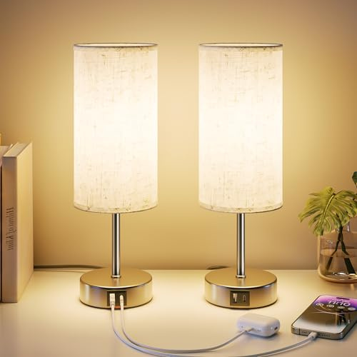 UPXNBOR Nachttischlampe 2er Set, Tischlampe mit USB-A & USB-C Ladefunktion | Schreibtischlampe Dimmbar, Leselampe Touch, 3-stufiges Warmlicht, Leinen-Lampenschirm, 1,5 m Kabel, E27-Lampe inkl., Silber