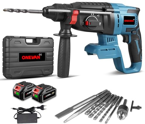 ONEVAN Cordless Hammer Drill, 3-Mode Brushless Power Drill, Max 28mm Drill | Drill/Hammer/Chisel 3 Mode, Stepless Speed, 10 Accessories, 2×4.0Ah Battery for Extended Runtime, for Construction/DIY