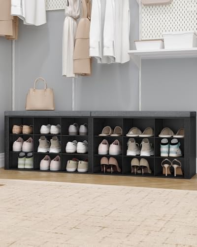 Hzuaneri Schuhbank mit Sitzfläche,18 Fächern, Schwarz-Dunkelgrau | Schuhbank, Schuhschrank mit Sitzbank, Verstellbare Ablagen, 30 x 150 x 48 cm, für Wohnzimmer, Schlafzimmer, SB25704GY