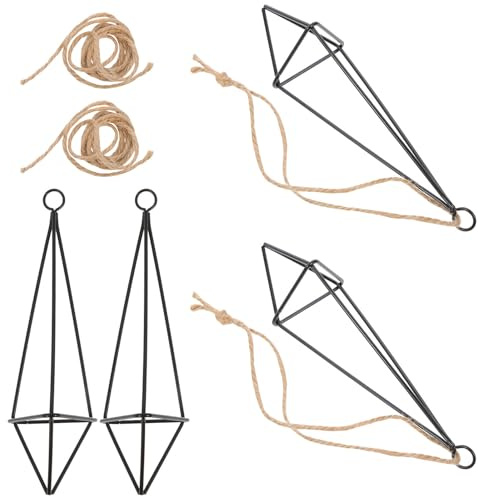 COOLHIYA Metal Air Plant Holders Hanging Set 4Pcs with Jute Rope, Geometric Iron Plant Display Racks for Indoor Wall or Ceiling Decoration, Suitable for Home and Office