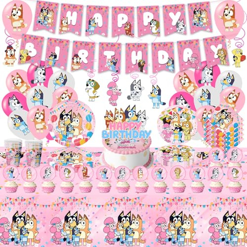 Partygeschirr Geburtstagsdeko,101 Stück Blue-y Birthday Decorations Party Deko,Rosa Geburtstag Deko Geschirr Kit Pappteller,Banner, Servietten,Pappbecher,Tischdecken,Luftballons,Toppers
