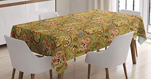 ABAKUHAUS Paisley Tischdecke, Bunter orientalischer Stil, Schmutzabweisend Pflegeleicht Waschbar Druck Mit Klaren Farben ohne Verblassen, 140 x 240 cm, Grün Gelb