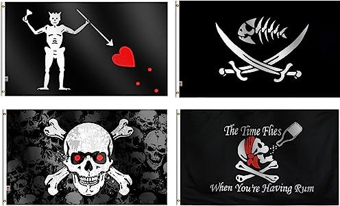 4er-Pack Piraten-Motiv Edward Teach Flagge & Fisch mit Schwertern Flagge & Red Eye & Time Flies Flagge, groß, 90 x 150 cm, Jolly Roger Skull Cross Bones Flagge Halloween Jolly Roger BlackBeard