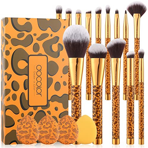 Docolor Make Up Pinsel Set Leopardenmuster 14 Stück mit 4 Fingerquasten Professionelles Make Up Pinsel Hochwertige Synthetische Kabuki Grundierungspinsel Gesichtspuder Rouge Concealer Lidschatten