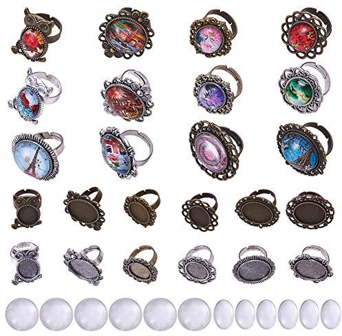 SUNNYCLUE 24 Stück 12 Stile 2 Farben Gemischte Einstellbare Ringrohlinge cabochon ringe rohlinge Einstellungen Mit 12 Stile Klarglas Cabochons Oval Rund Für Die Ringherstellung, Antike Silberbronze