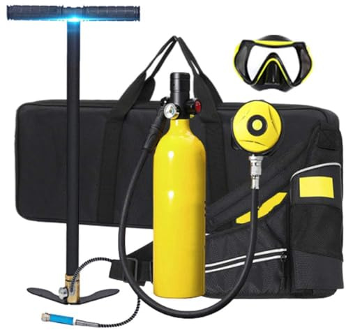 XSGDMN D'oxygène Plongée Équipement de Plongée, 1L Mini Bouteille de plongée sous-Marine avec Pompe à air à Haute Pression, 15 à 20 Minutes pour la plongée sous-Marine Formation respiratoire,Jaune