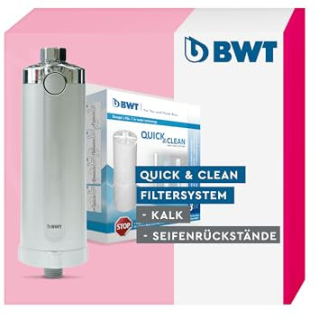 BWT Quick & Clean Kalkfilter | Wasserfilter stoppt Kalkflecken in Dusche und Badezimmer – inklusive 4 Filterkartuschen | Entkalkt Duschwasser direkt aus der Leitung | Duschfilter gegen Kalk | Antikalk