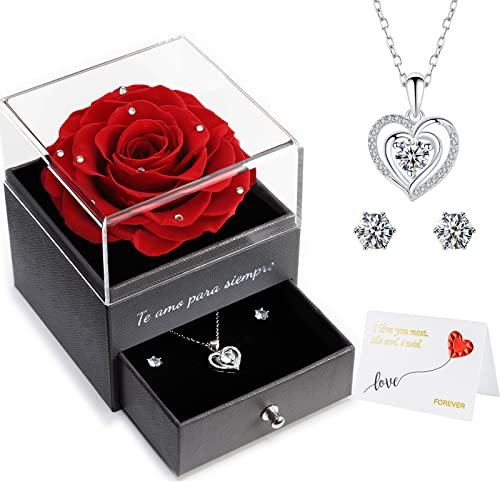 Te Amo Ewige Echte Rose mit Splitter Halskette Geschenkbox für Frauen, Handgefertigte Konservierte Rose Geburtstag Jubiläum Hochzeit Valentinstag Geschenkbox für Freundin Mama (Rot mit Kristall)