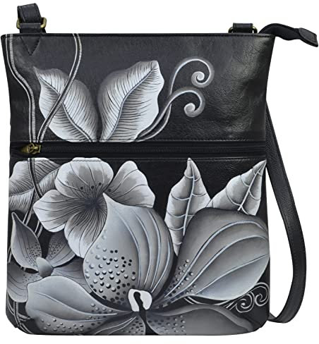 Anna by Anuschka Damen Cross-Umhängetasche Schultertasche aus echtem Leder, schmal, handgemaltes Original-Kunstwerk außen, Mitternachts-Blumenmuster, Schwarz, Midnight Floral Black