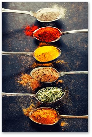 Postereck - 0723 - Gewürze, Küche Rot Grün Gelb Löffel Kochen Würzen - Wandposter Fotoposter Bilder Wandbild Wandbilder - Leinwand - 60,0 cm x 40,0 cm