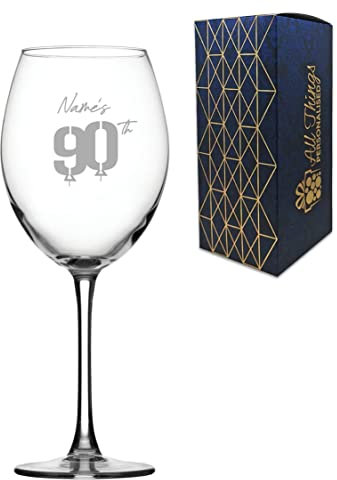 Personalised Engraved Enoteca Wine Glass Happy 90th Birthday Balloon Design Gift Boxed,19oz/561ml Large Wine Glass, Customise with Any Name, Engraved in The UK