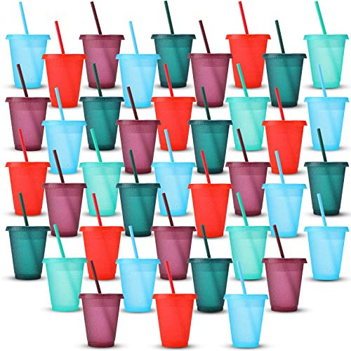 Suclain 40 Packs 16 oz Plastic Tumbler with Lid and Straw Reusable Cups with Lids and Straws Glitter Tumblers with Lids and Straws Travel Water Cup Iced Coffee Tumbler Mug Bottle for Party Birthday