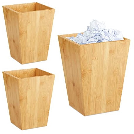Relaxdays Corbeille à papiers en Bambou, lot 3, carré, 6l, sans Couvercle, Bureau, Salle de Bain, Poubelle 27x20x20 cm, Naturel