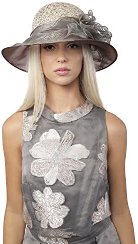 Carnavalife Sombrero de Paja de Papel y ala de Organza Floral para Mujer, Años 20 y 50 Vintage Retro Formal Derby para IR Boda Invitada, Madrina, Fiesta de Té, Iglesia, Comunión, Talla Única (Gris)