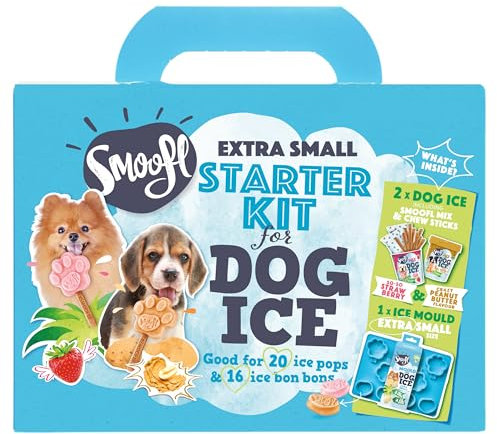 Smoofl Kit Friandises pour Chien : Set de Glace avec 2 Mélanges Goût Fraise et Beurre de Cacahuètes - 1 XS Moule en Silicone - 20 Bâtonnets à Mâcher