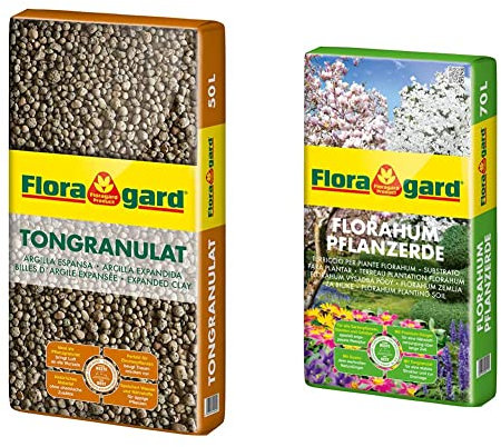 Floragard Blähton Tongranulat zur Drainage & Florahum Pflanzerde 70 L • Universalerde • für Blumenbeete, Stauden, Sträucher, Gehölze und andere Gartenpflanzen