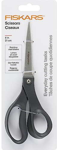 Fiskars 8” Everyday Stainless Steel Scissors (1-Pack) with Ergonomic Handles, Home & Office Scissors for Cutting Paper, Cardboard, Photos and More, Gray