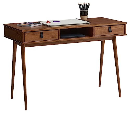 IDIMEX Schreibtisch Kim mit 2 Schubladen aus Massivholz, kastanienfarben - Home-Office Tisch mit offenem Fach, Bürotisch mit 2 Schubladen und Ledergriffen