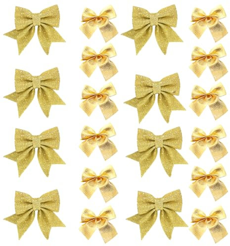 Weihnachten Schleife Set, 20 Stücke Schleifen Glitzer Weihnachtsdeko Weihnachtsbaum Schmuck zum Einpacken von Geschenken, Girlande Deko (Gold)