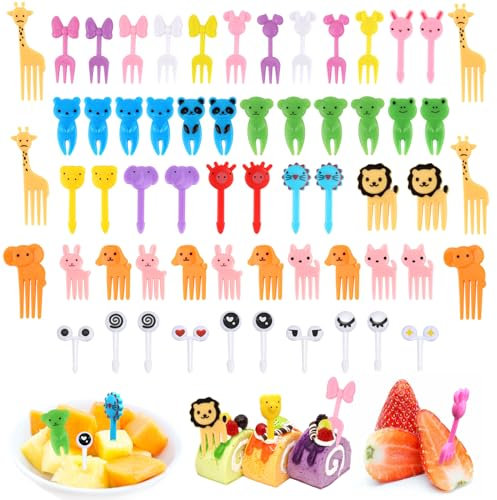 60 PCS Palillos de Dientes de Animales, MXTIMWAN Palillos para Niños Frutas, Mini Tenedores Infantiles Reutilizables de Frutas, Niños de Dibujos Animados para Lonchera Fiesta té Cumpleaños Colegio