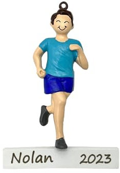 Laufender Weihnachtsbaumschmuck, personalisierbar, Marathonläufer, Andenken 2023, personalisierter laufender Junge, brünett, Geschenk für Sportler, individuelles Jahr graviert