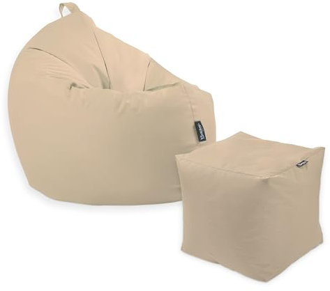 Premium 2-in-1 Sitzsack mit Füllung | Fußhocker | für Kinder & Erwachsene | Outdoor & Indoor | Sitzkissen | Bodenkissen | Wasser- & schmutzabweisend + Sitzpouf 35x35x35cm (Beige, 100 cm + Sitzspouf)