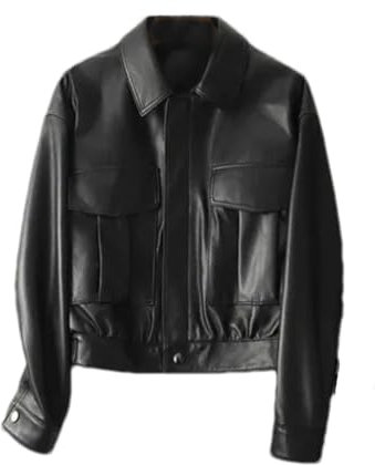 Hdhdeueh Damen Lederjacke Kurz Frühling Schaffell Mantel Motorrad Weste, Schwarz , 48