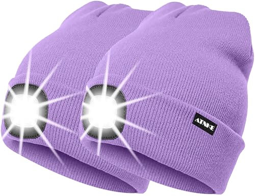 ATNKE 2Pcs Neue Warme LED beleuchtete Mütze,Unisex USB wiederaufladbare Laufmütze Ultra Bright 4 LED wasserdichte Lichtlampe Mehrfarbig/Taro Purple