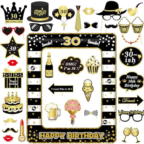 34 Stück Fotobox Accessoires, 30 Geburtstag Deko, Party Zubehör, Tischdeko Geburtstag und 1 Aufblasbarer Fotorahmen für 30 Geburtstag Mädchen und Junge, Vielfalt Party Deko Geburtstag Hochzeiten (30)