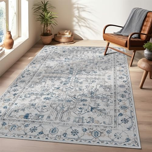 TOPICK Teppich Wohnzimmer 150x210 Blau Vintage Faltbar Dünner Waschbar Blumendruck rutschfest Leicht Teppiche Schlafzimmer