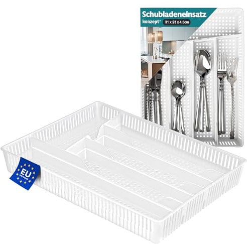 KONZEPT Organisateur de tiroirs pour couverts 31x23x4,5cm Blanc - Rangement pratique pour tiroirs de cuisine, Insert pour tiroir à couverts pour un rangement optimaux de la cuisine