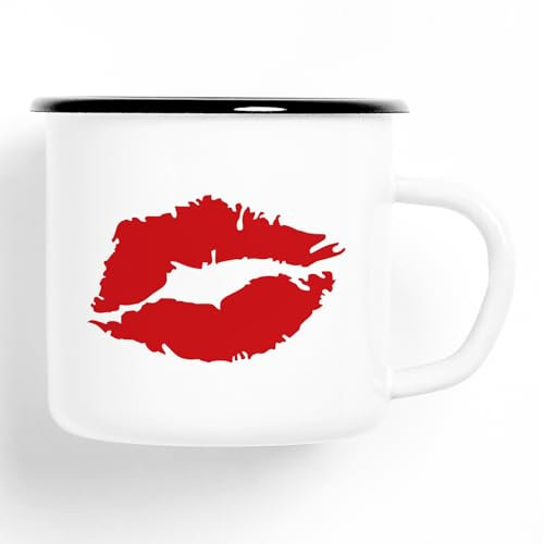 huuraa Emaille Tasse Kussmund Lippen 300ml Vintage mit Motiv für Verliebte