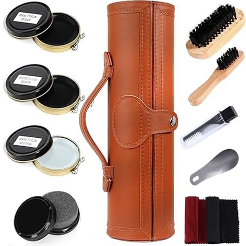 FGXY Ensemble De Brosse à Chaussures, Ensemble De Brosse à Chaussures Pu Cuir Deluxe Sleek Set, Cire à Chaussures, Brosse à CrinièRe De Cheval Souple (10PCS)