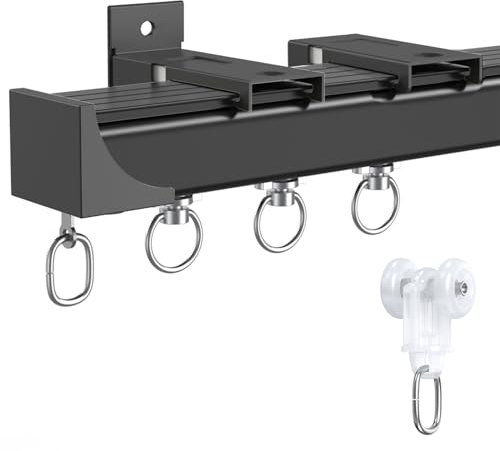 Aluminium-Gardinenschiene Einzelschiene, Vorhangschiene Gleiter Mit Eingebauten Schalldämpferstreifen, 100cm-340cm Individuelle Länge, Schwarz(Wall-Nano Pulley,3.2m)