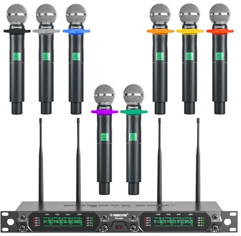 Phenyx Pro 8-Channel UHF Wireless Microphone System with Metal Handheld Dynamic Microphones, Fixed Frequency Mic for Karaoke,Church,Singing,DJ,260ft Range (PTU-4000-8H)