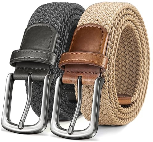 KEMISANT Gürtel Herren 2er, Elastischer Flechtgürtel Damen Herren Stoffgürtel Geflochten Stretchgürtel Golfgürtel 35mm(Beige/Dunkelgrau,105cm/30-34 taille verstellbar)