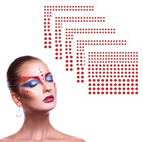 5 Blätter Glitzersteine Selbstklebend Strasssteine Glitzer Strass Aufkleber, Facettenreiche Glitzersteinchen für DIY Schmuck für Nägel, Gesicht, Haare und Körper (Rot)