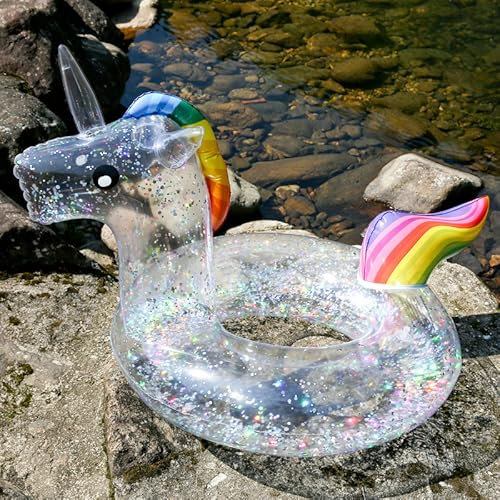 Einhorn Schwimmring, Glitzer Transparente Schwimmreifen, Einhorn Glitzer Ring, Einhorn Pool Aufblasbar, Kinder Aufblasbare Pool Beach Floß Luftmatratze Transparent Schwimmen Ring Unicorn Float