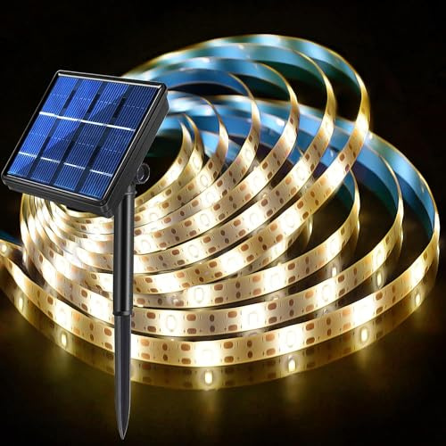 cuzile Tira de luces LED solares para exteriores, 3 m, blanco cálido, 3000 K, con energía solar, flexible, 90 LED, cortable, IP65, resistente al agua, para balcón, jardín, decoración de escaleras