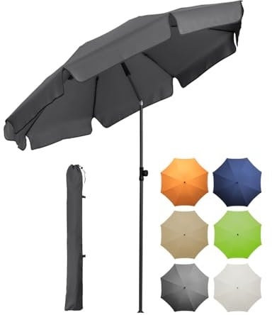 FARE Sonnenschirm Gr. M mit Volant - 180 cm Durchmesser - UV-Schutz 50+ für Balkon Garten Terrasse Sommer - Titan-Finish Knickvorrichtung Drehfeststeller inkl. Tragetasche