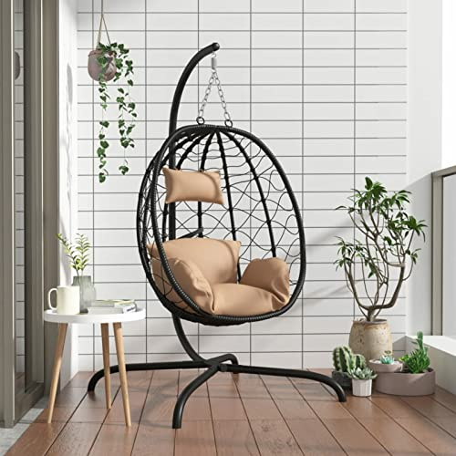 Chaduof Hängesessel Ei mit Kissen, Garten Möbel, Hängesessel Outdoor, Jugendzimmer, Hängestuhl, Hanging Chair, Liebesschaukeln, Hängeschaukel Outdoor, Taupe Poly Rattan & Stahl