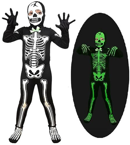 Senchinner Halloween Skelett Kostüm für Kinder - Glühen im Dunkeln Mit Kapuze, Handschuhe und Fußsäcke - Knochen Halloween Kostüm für Jungen, Mädchen - XL