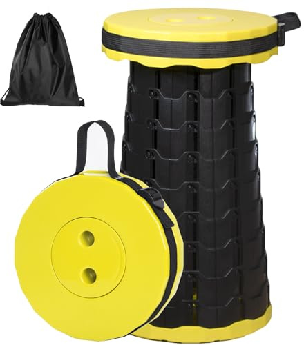 GeeRic Sgabello Pieghevole, Sgabello Telescopico+Sacca Zaino MAX Carico 500LB Regolabile in Altezza Portatile Sgabello da Campeggio Telescopico per Pesca BBQ Giardino Campeggio Viaggi Concerto Giallo