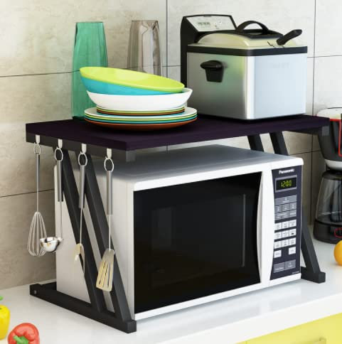 MLYIQI 2 Niveaux Étagère Stable en Bois et Métal pour Four à Micro-Ondes,Support Micro Onde avec Crochets,Support d'étagère de Cuisine,Rangement de Cuisine,Porte-casseroles,Étagères à ustensiles