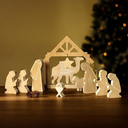 Marco Paul Large Wooden Christmas Nativity Scene Figurine Ornament Indoor Christmas Decorations 3D Rustic Traditional Jesus Manger Scene Religious Nativity Set Tree