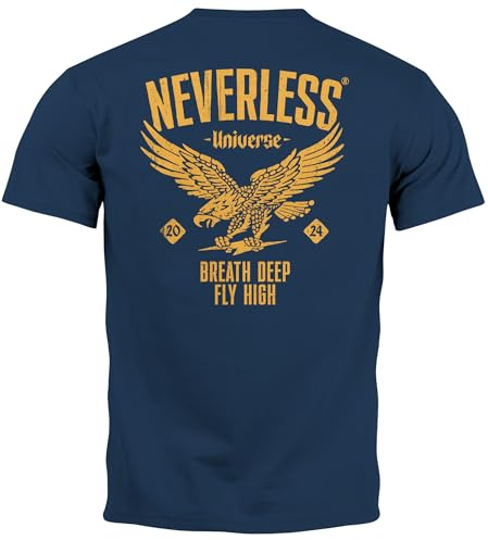Neverless® Herren T-Shirt Backprint Herren Adler Eagle Print Retro Design Rückenaufdruck Männer Fashion Streetstyle Navy L