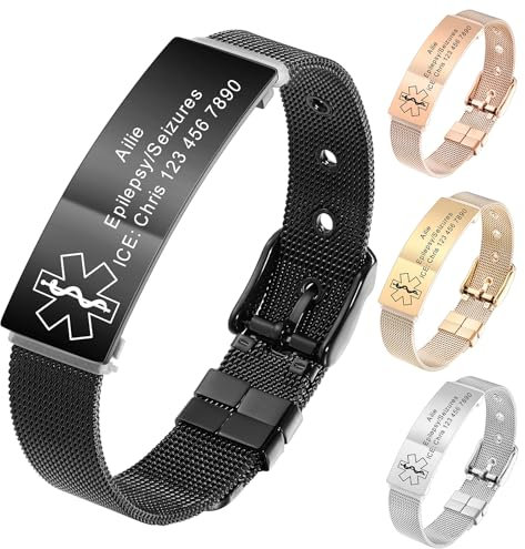 MeMeDIY Bracelets d'alerte médicale Personnalisés pour Femmes/Hommes Bracelet en Silicone étanche Bracelet Réglable en Acier Inoxydable avec Gravure de l'alerte Médicale ID Info Style-D2