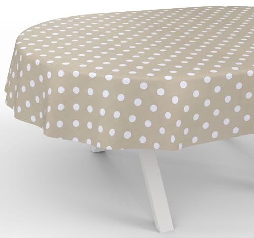 ANRO Wachstuchtischdecke Wachstischdecke Wachstuch Tischdecke abwaschbar Gartentischdecke Wasserabweisend Oval 240x140cm Schnittkante Punkte Beige