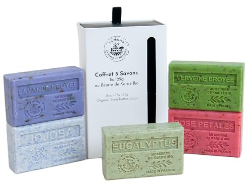 La Maison du Savon de Marseille Französische Seifen – 5 x 125 g Riegel – Bio-Sheabutter Hautpflege-Geschenkset – Peeling-Düfte – Crushed Eisenkraut – Rosenblätter – Jojoba – Eukalyptus – zerkleinerter