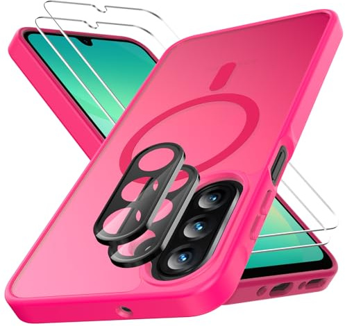 Coque pour Samsung Galaxy A26 5G - avec 2 Verre Trempé + 2 Caméra Arrière Protecteur, Antichoc Magnétique Compatible MagSafe, Transparente et Anti-Empreintes pour Samsung A26 5G(Rose fuchsia)